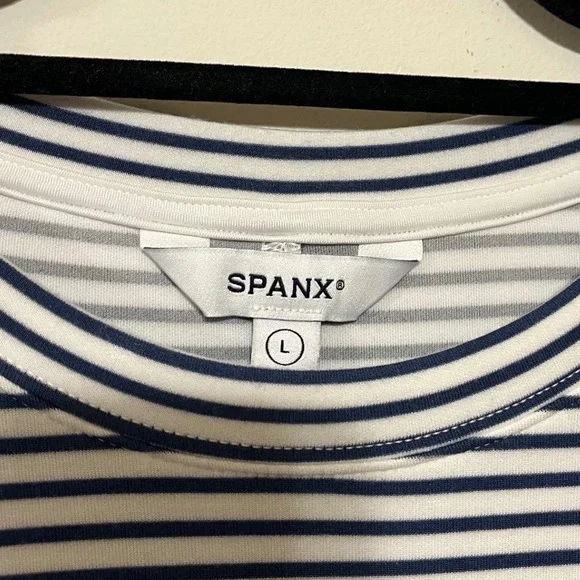 SPANX AirEssentials Nautical Casual Stretchy Navy Striped Maxi T Shirt Dress L - Picture 2 of 8